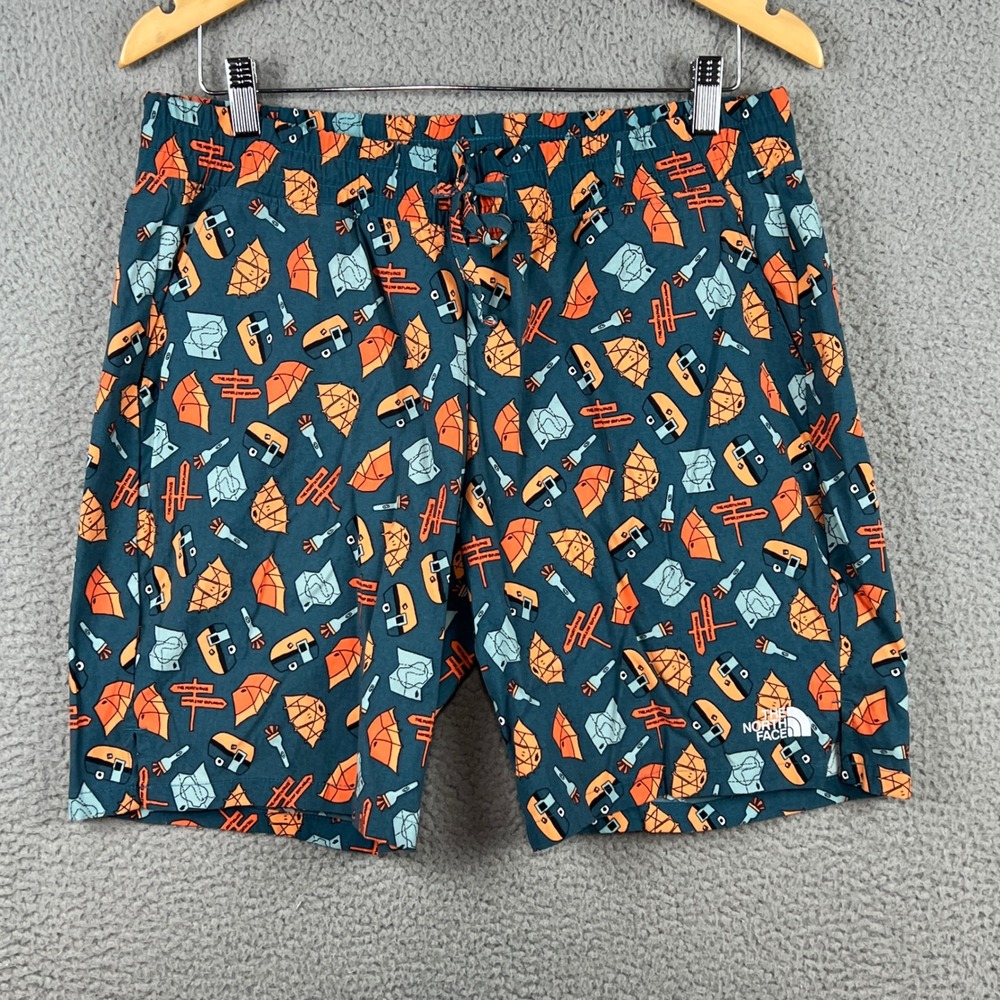 The North Face Mens Class V Camping Print Shorts Teal Orange‎ Large Novelty L